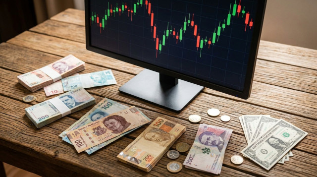 Un monitor financiero mostrando gráficos de velas japonesas con billetes de diferentes países latinoamericanos y dólares estadounidenses sobre una mesa de madera