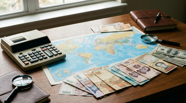 Un escritorio profesional con una calculadora, un mapa mundial y diversos billetes de países latinoamericanos junto a billetes de dólares estadounidenses, representando la diversid