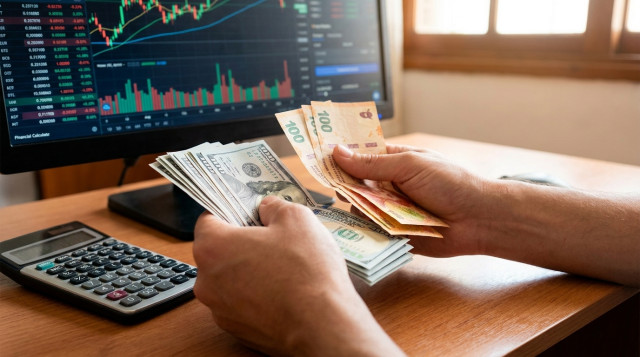 Un primer plano de manos contando billetes de dólares y pesos sobre un escritorio con una calculadora y gráficos financieros de fondo