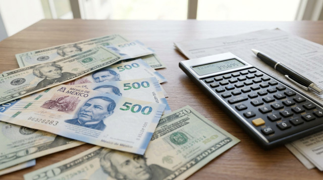 Primer plano de billetes de 500 pesos mexicanos y billetes de 20 dólares sobre una mesa de oficina con una calculadora financiera