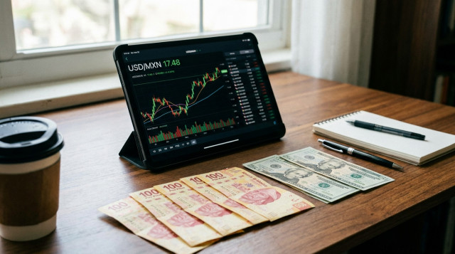 Billetes de cien pesos mexicanos y billetes de veinte dólares sobre un escritorio de oficina con una tablet mostrando gráficos de divisas