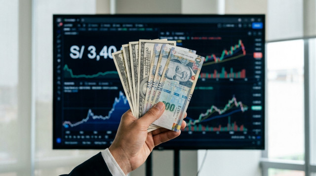 Una mano sosteniendo billetes de dólares y soles peruanos frente a una pantalla que muestra gráficos financieros y el texto S/ 3,40, transmitiendo seguridad y profesionalismo