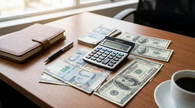 Billetes de soles peruanos y dólares estadounidenses sobre una mesa de oficina con una calculadora, representando el tipo de cambio actual en Perú