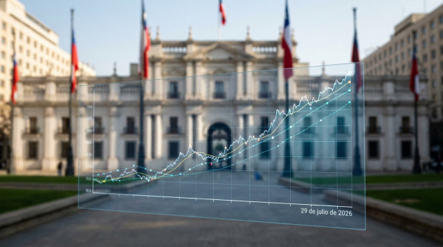 Gráfico financiero digital que muestra la evolución del dólar observado en Chile con el Palacio de la Moneda de fondo difuminado