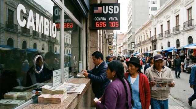 ventanilla de casa de cambio en una ciudad boliviana mostrando numerarios y rótulo 'Cambio' con billetes en primer plano, texto alternativo 'cotizacion del dolar en Bolivia'