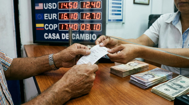 mostrador de una casa de cambio con tablero de cotizaciones al fondo y un cliente recibiendo un comprobante, enfoque en manos y recibo, palabra clave 'casa de cambio Venezuela'