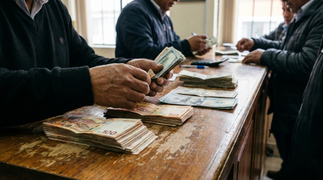 Primer plano de manos contando billetes de bolivianos y dólares sobre un mostrador de madera en una casa de cambio profesional