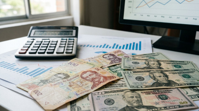 Primer plano de billetes de bolivianos y dólares estadounidenses sobre un escritorio de oficina con una calculadora y gráficos financieros de fondo