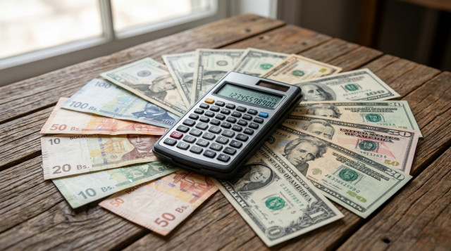 Primer plano de billetes de bolivianos y dólares estadounidenses sobre una mesa de madera con una calculadora financiera, simbolizando el proceso de conversión de divisas en Bolivi