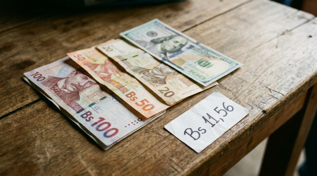billetes bolivianos y un billete de dólar sobre una mesa, enfoque nítido en la cifra 'Bs 11,56' en una etiqueta cercana, composición horizontal