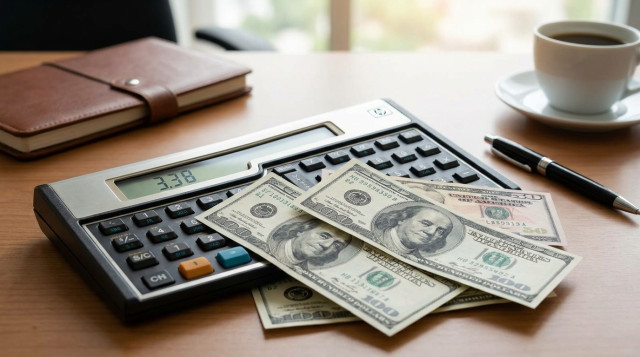Primer plano de billetes de soles peruanos y dólares estadounidenses sobre una calculadora financiera en un escritorio de oficina
