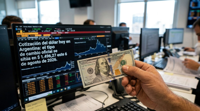 Primer plano de una mano sosteniendo un billete de cien dólares frente a una pantalla con gráficos financieros y el texto de cotización del dólar hoy en Argentina
