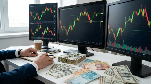 Un escritorio financiero con pantallas mostrando gráficos de velas verdes y rojas del mercado de divisas, junto a billetes de dólares y pesos de diferentes países latinoamericanos