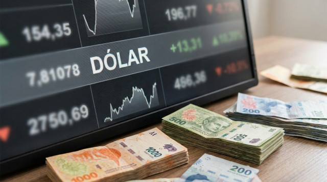 billetes argentinos y pantalla de cotizaciones con enfoque en la leyenda 