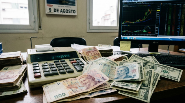 Billetes de pesos argentinos y dólares estadounidenses sobre una mesa de oficina con una calculadora y gráficos financieros de fondo
