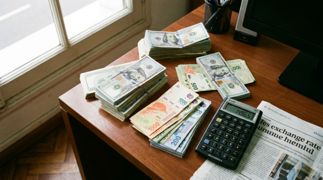Billetes de cien dólares y pesos argentinos sobre una mesa de oficina con una calculadora financiera