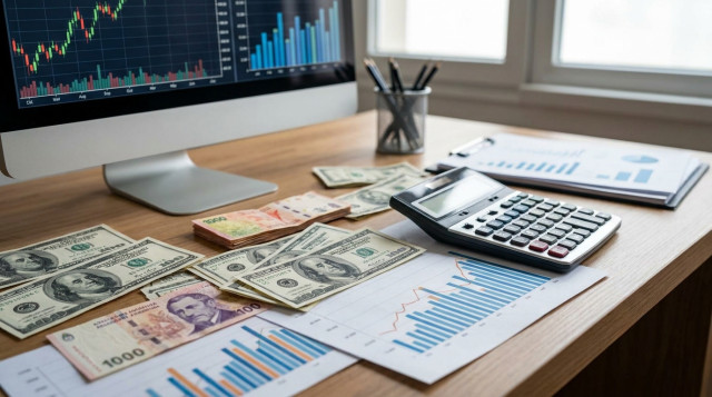 Billetes de dólares estadounidenses y pesos argentinos sobre un escritorio con una calculadora y gráficos financieros de fondo