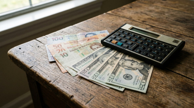 Primer plano de billetes de bolivianos y dólares estadounidenses sobre un escritorio de madera con una calculadora financiera