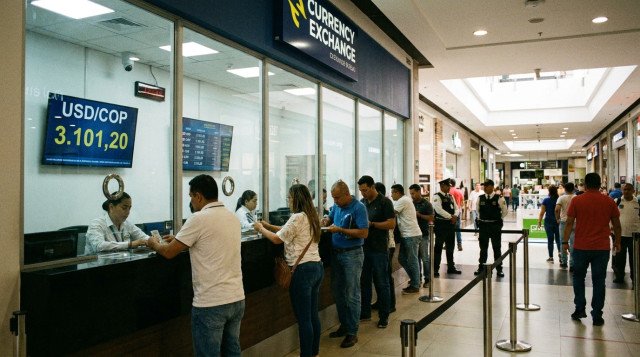 Interior de una casa de cambio segura en un centro comercial de Colombia con pantallas de cotización