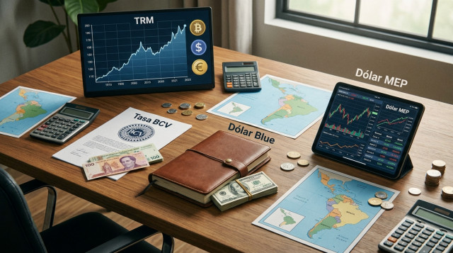 Infografía conceptual sobre los diferentes tipos de cambio en Latinoamérica y el valor del dólar hoy