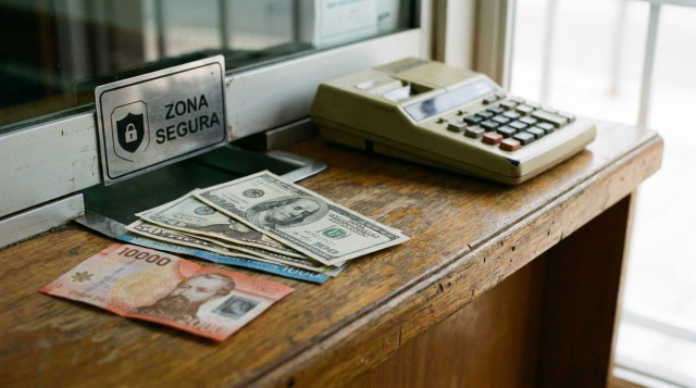 Primer plano de billetes de dólares y pesos chilenos sobre un mostrador de casa de cambio con una calculadora