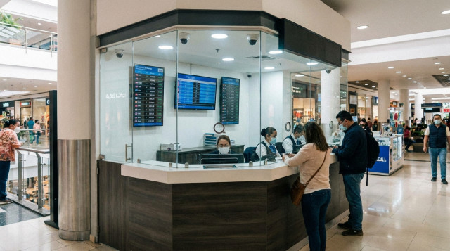 Un mostrador moderno de una casa de cambio en un centro comercial de Colombia con medidas de seguridad visibles y pantallas de cotización