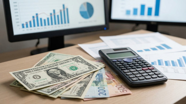 Composición profesional de billetes de dólares y monedas locales sobre un escritorio de oficina con una calculadora y gráficos financieros de fondo