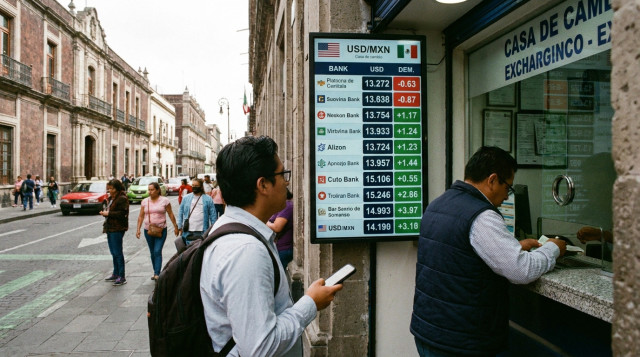 Una persona comparando precios del dólar en una pantalla digital frente a una ventanilla de cambio en México