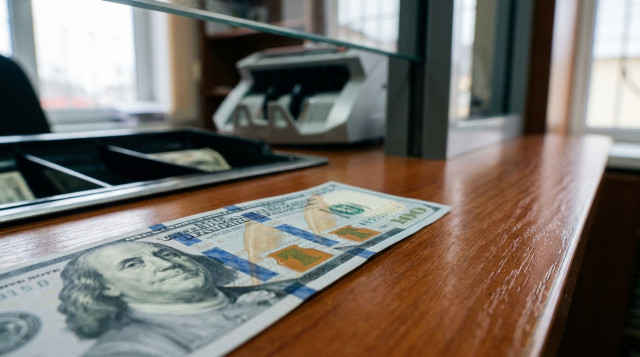 Primer plano de un billete de cien dólares estadounidenses mostrando la banda de seguridad azul sobre un mostrador de madera de una casa de cambio profesional