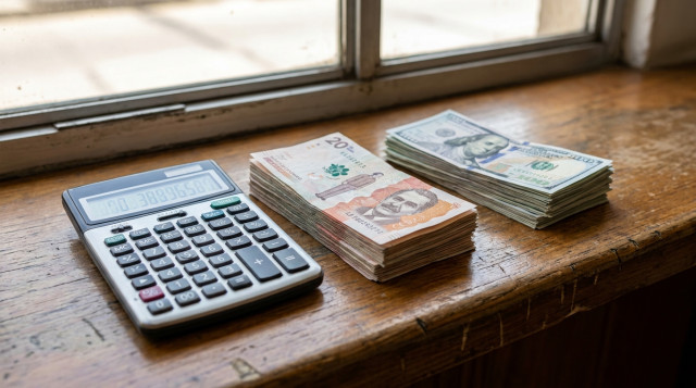 Primer plano de una calculadora financiera junto a billetes de pesos colombianos y dólares sobre un mostrador de madera con luz natural