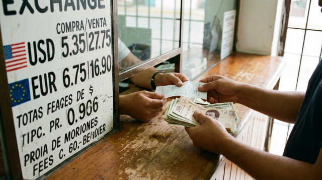 mostrador de una casa de cambio en México con letrero de cotizaciones y cliente recibiendo billetes, plano medio, luz natural, foco en manos y comprobante como ALT 'casa de cambio