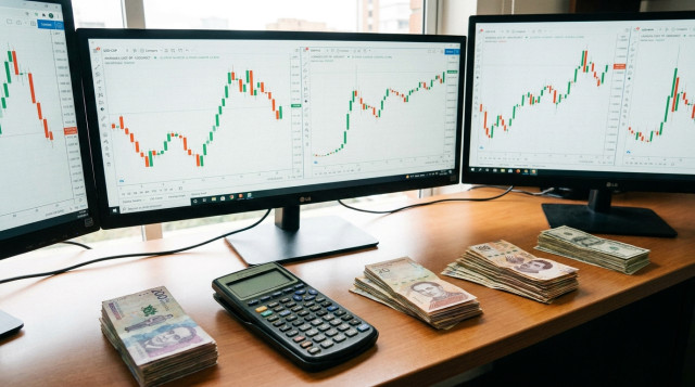 Un escritorio financiero con pantallas que muestran gráficos de velas japonesas, una calculadora profesional y billetes de diferentes países latinoamericanos junto a dólares estado