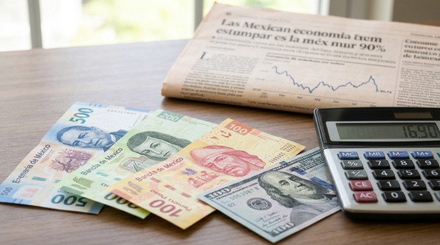 plano horizontal de billetes de peso mexicano y un billete de dólar sobre un escritorio con calculadora, mostrando el concepto 'precio del dólar en México' en foco