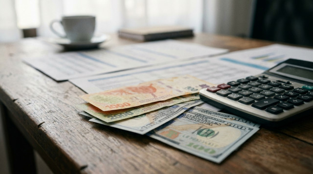 Primer plano de billetes de pesos argentinos y dólares estadounidenses sobre un escritorio de oficina financiera con una calculadora
