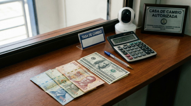 Primer plano de billetes de bolivianos y dólares sobre un mostrador de una casa de cambio profesional con una calculadora