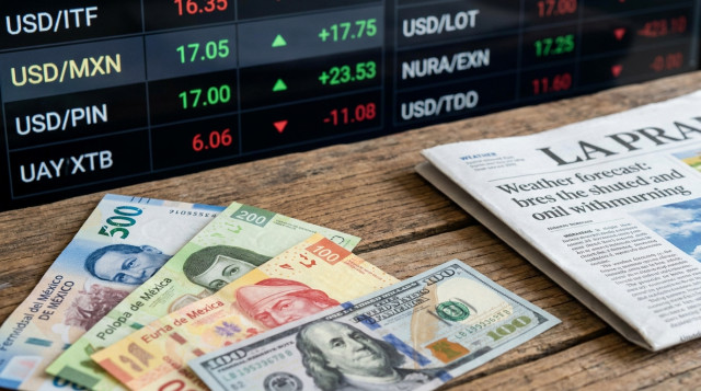 Primer plano de billetes de peso mexicano y un billete de dólar americano sobre una mesa, con una pantalla de cotización de fondo mostrando cifras cambiarias, composición horizonta