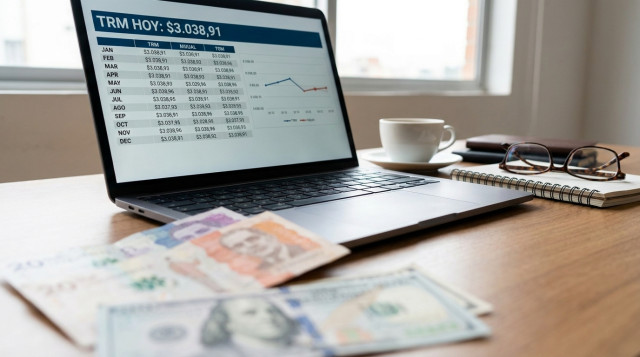 billetes de pesos colombianos y dólares estadounidenses sobre un escritorio con un laptop mostrando una tabla de cotizaciones, foco en la pantalla y los billetes desenfocados en se