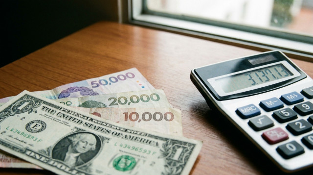 primer plano de billetes de peso colombiano y un billete de dólar sobre una mesa, foco en cifras impresas y calculadora al costado