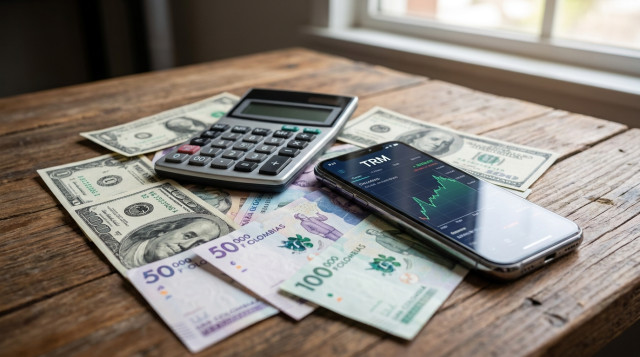 primer plano de billetes de dólar y pesos colombianos sobre una mesa con una calculadora y un smartphone mostrando un gráfico de tipo de cambio, enfoque nítido en la palabra 'TRM'