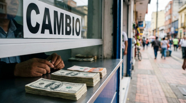 vista frontal de una ventanilla de casa de cambio con letrero 'Cambio' y billetes de dólar y peso colombiano sobre la mesa, enfoque nítido y fondo ligeramente desenfocado, horizont