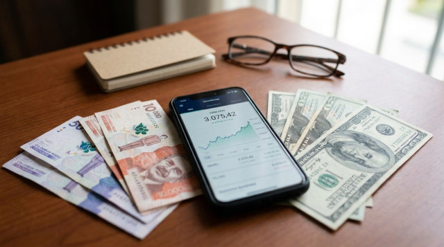 primer plano de billetes de peso colombiano y dólares estadounidenses sobre una mesa con un teléfono móvil mostrando una cotización, iluminación neutra y composición horizontal