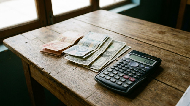Primer plano de billetes de bolivianos y dólares estadounidenses sobre una mesa de madera con una calculadora financiera, representando el dolar hoy en Bolivia