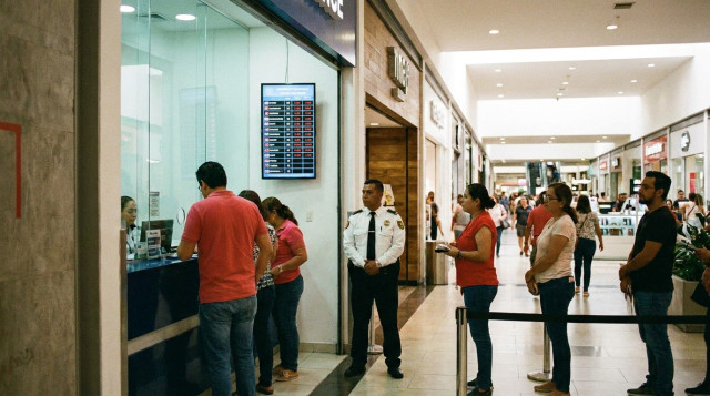 vista de una ventanilla de casa de cambio dentro de un centro comercial en Guadalajara, con caja, letrero de tasa y personas en fila