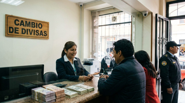 ventanilla de casa de cambio autorizada en Bolivia con letrero que diga 