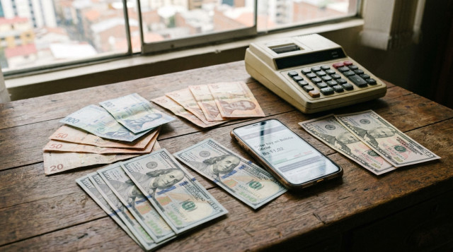 mesa con billetes de bolivianos y dólares, calculadora y un smartphone mostrando una página de cotización con el texto 'dolar hoy en Bolivia' en la descripción visual
