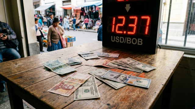 billetes de bolivianos y dólares sobre una mesa, con foco en una cifra de cambio en una pantalla electrónica, texto alternativo 'cotizacion dolar hoy en Bolivia'