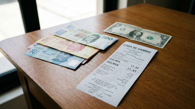 billetes de pesos mexicanos y un billete de dólar sobre una mesa, foco en un recibo de casa de cambio con la cifra USD/MXN 17,43 visible