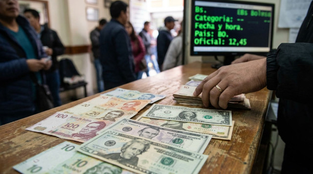 primer plano de billetes bolivianos y billetes de dólar sobre un mostrador de casa de cambio, con una pantalla digital de cotizaciones desenfocada al fondo que incluya la frase 'Bs