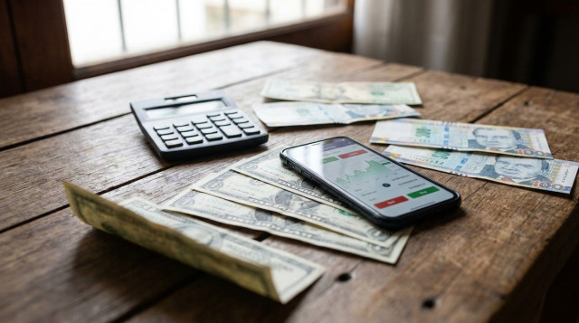 primer plano de billetes de dólares y soles sobre una mesa con una calculadora y un smartphone que muestre una cotización, composición horizontal, luz natural