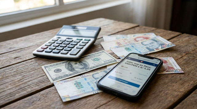 billetes de dólares y soles sobre una mesa con una calculadora y un teléfono móvil mostrando la pantalla de cotización 'dolar hoy en Peru'